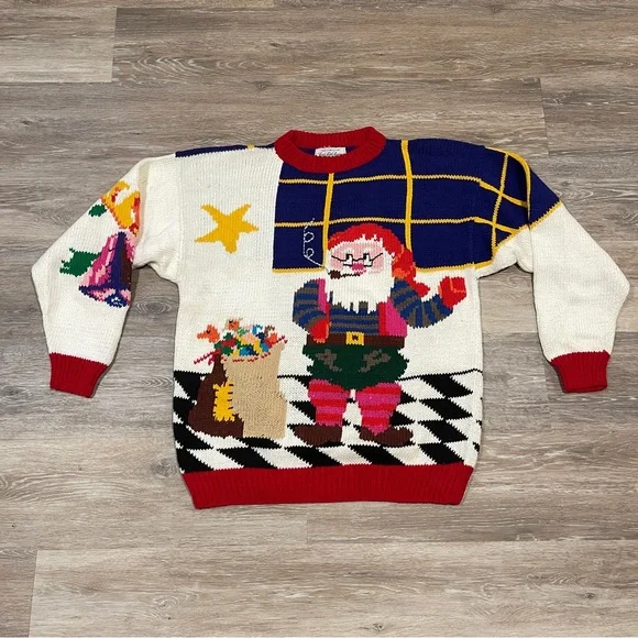 Vintage Saks Fifth Avenue Christmas Sweater Santa Double Sided Women s Large